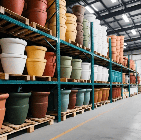 Inside of a warehouse with different colors of large, fiberglass bulk planters.