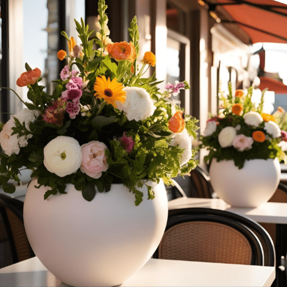 Outdoor tables with small wound white fiberglass planters with pretty flowers in them.